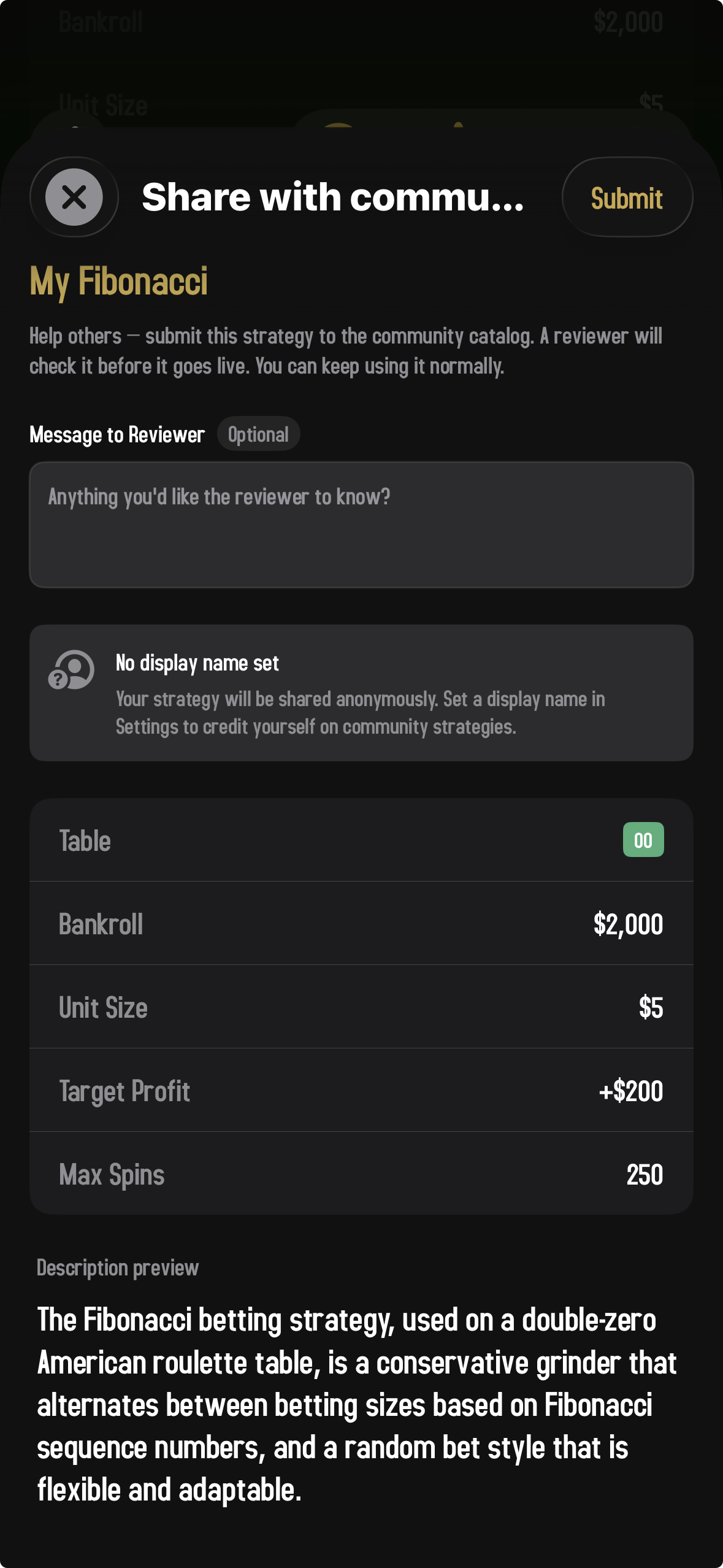 The Share with Community sheet on iPhone, sliding up over a blurred Settings screen. The header has a close (×) button left, a truncated title 'Share with commu...,' and a gold Submit button right. The strategy name 'My Fibonacci' appears in gold below, followed by helper text 'Help others, submit this strategy to the community catalog. A reviewer will check it before it goes live. You can keep using it normally.' Sections follow: 'Message to Reviewer' (Optional, with a text area placeholder 'Anything you'd like the reviewer to know?'); a 'No display name set' card explaining the strategy will be shared anonymously and pointing to Settings; a read-only summary card showing Table 00, Bankroll $2,000, Unit Size $5, Target Profit +$200, Max Spins 250; and a 'Description preview' section displaying the auto-generated strategy description.