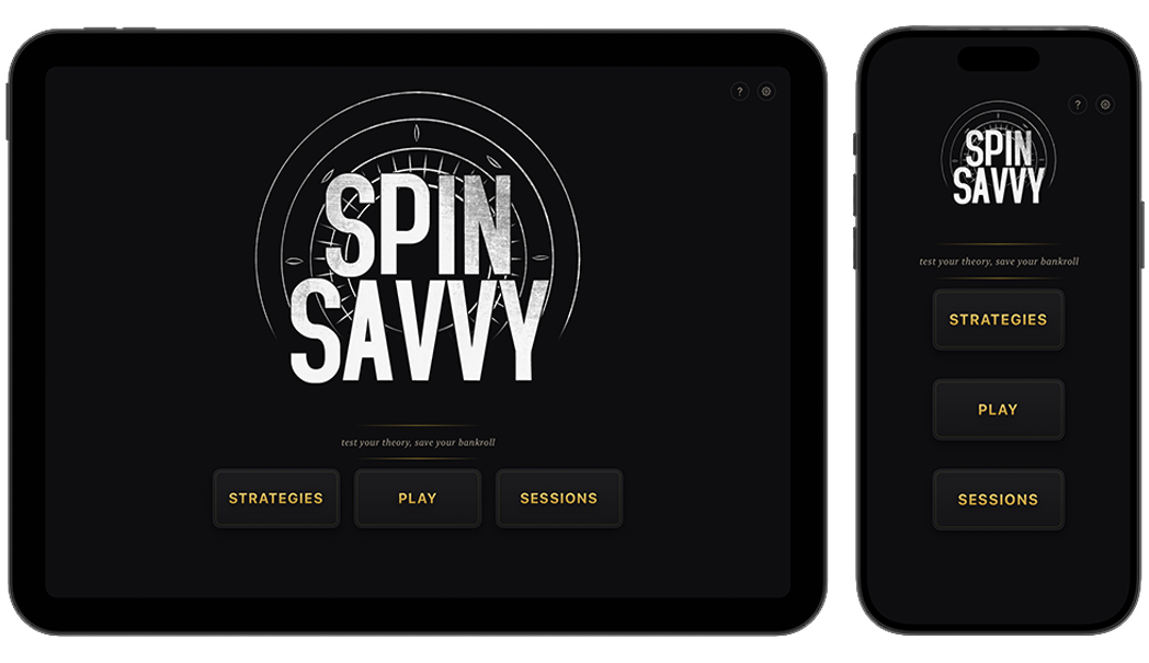 The Spin Savvy home screen on iPad: the Spin Savvy logo at the top, three large buttons (Strategies, Play, Sessions) side-by-side, a question-mark help icon and a gear icon in the top-right corner, and a decorative roulette table peeking up from the bottom edge against a dark felt-textured background.