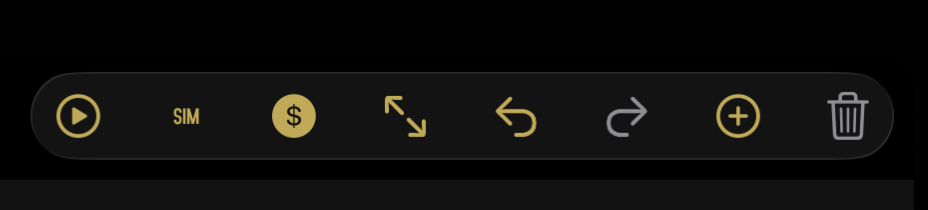 The graph editor toolbar, a dark pill with eight icons left to right: a gold Play arrow in a circle, a gold SIM label, a gold dollar sign in a highlighted circle (the currency / units toggle, currently active), a gold fit-to-view icon, an undo arrow, a redo arrow (dimmed), a gold plus button for adding nodes, and a white trash icon for deleting the current selection.