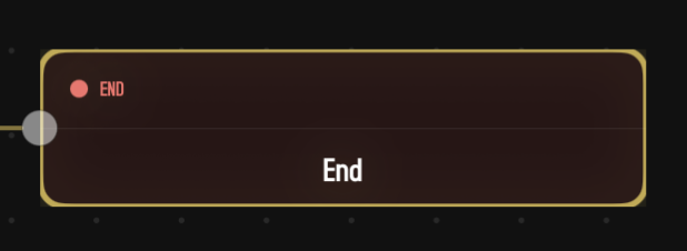 A red-accented End card on the dark dot-grid canvas. The header shows a red dot and the label 'END.' The body simply reads 'End.' A single input port sits on the left edge; no output ports. The card has a gold outline showing it's selected.