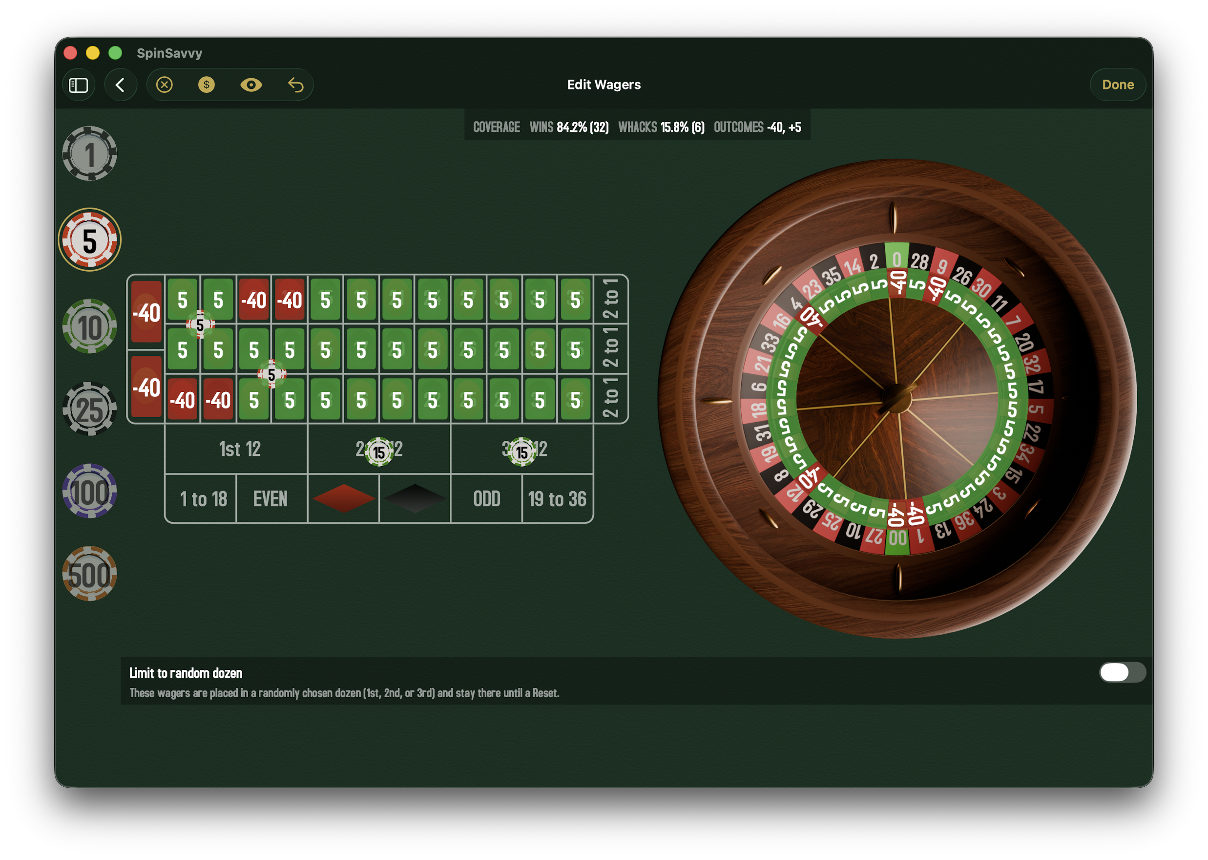 The Wager Editor with the Coverage overlay turned on. The roulette table sits on the left, now color-coded by the net dollar outcome each number would produce given the current chips: red cells show a net loss (−30), blue cells show a push (0), yellow cells show a small net win, and green cells show a larger net win where the spin hits one of the placed bets directly. Outside bet zones along the bottom remain uncolored. The top-down roulette wheel sits beside the table on the right with the same color tiers painted on each pocket. The same three chips from the previous screenshot are still placed. The eye toggle in the toolbar is highlighted gold and the coverage strip shows WINS 31.6% (12), WHACKS 36.8% (14), OUTCOMES −30, −15, 0, +15, +30.