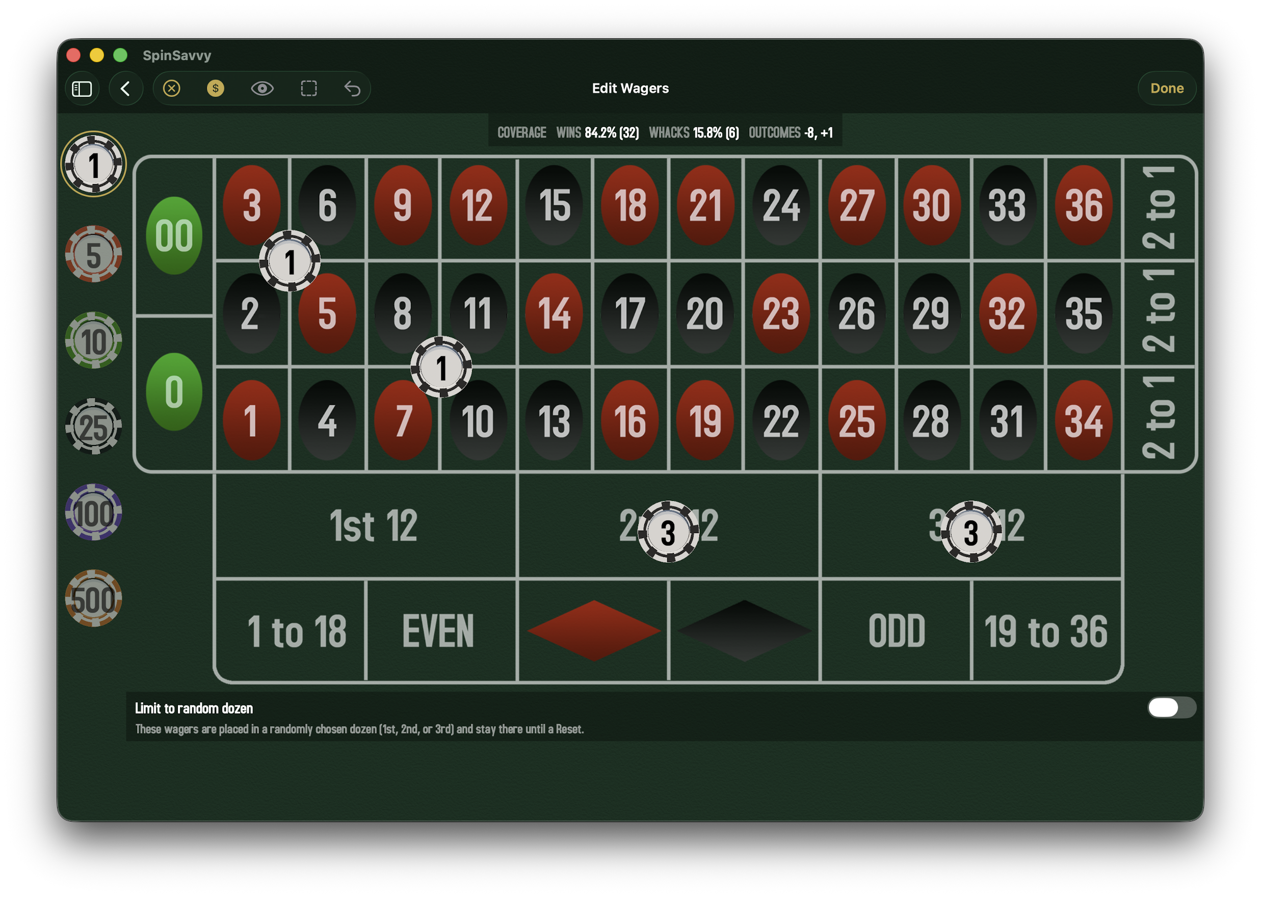 The Wager Editor in landscape on the green roulette felt. 'Edit Wagers' sits at the top with a gold Done button on the right and toolbar buttons on the left (close, currency toggle, eye/coverage toggle, hit zones, undo). A coverage stat strip sits just below the toolbar showing COVERAGE, WINS 78.9% (30), WHACKS 21.1% (8), OUTCOMES −25 / +5. The chip tray runs down the left edge with six denominations stacked vertically from the top: $1, $5 (selected with a gold ring), $10, $25, $100, and $500. The American roulette layout fills the rest: a 0 / 00 column, the 1 to 36 number grid, column 2-to-1 cells on the right, a dozens row, and the outside bets along the bottom (1 to 18, EVEN, Red and Black diamonds, ODD, 19 to 36). Three chips are placed: a $10 chip on number 14, a $10 chip on the 2nd 12 dozen, and a $5 chip on number 25. A 'Limit to random dozen' toggle is off.