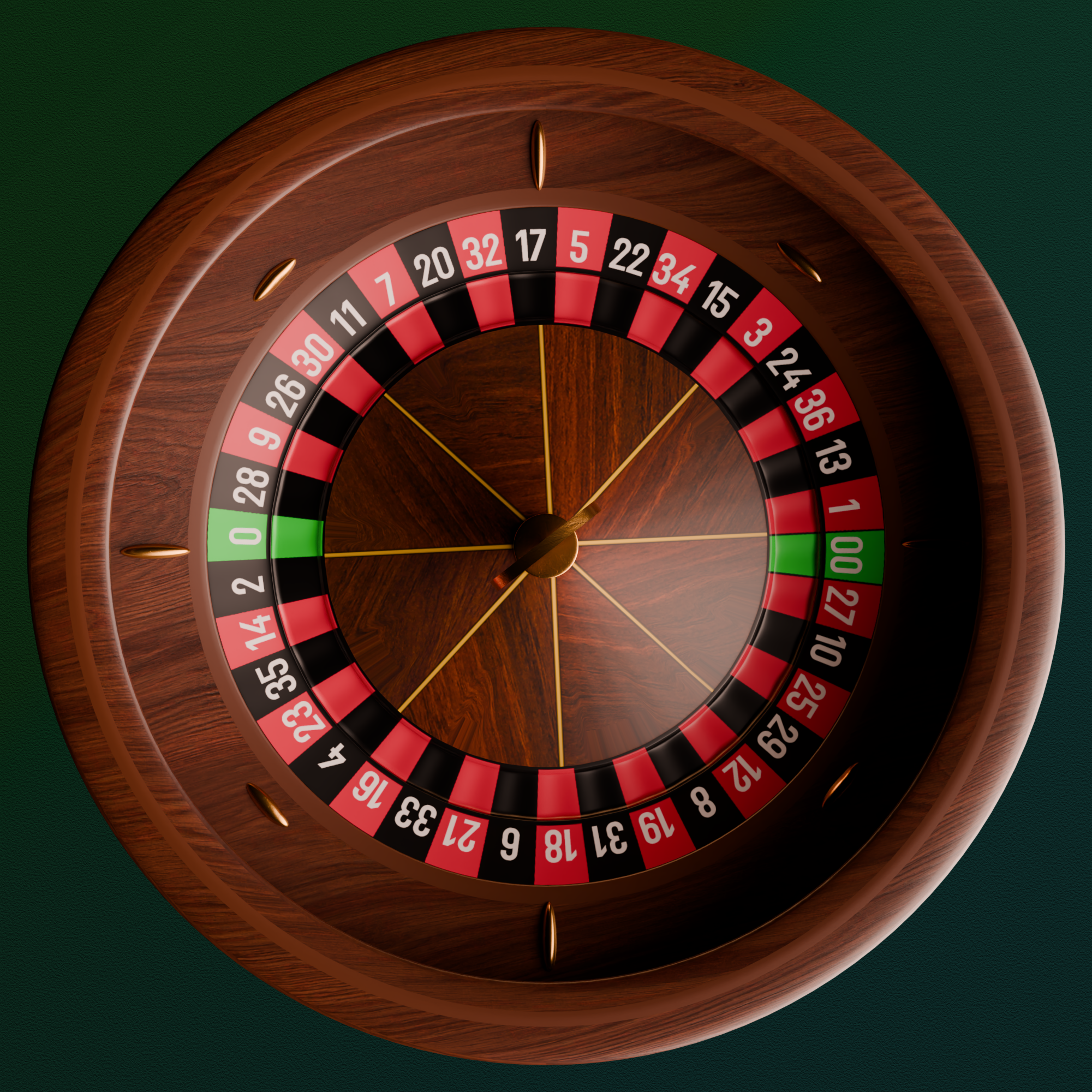 3D modeled American Roulette Wheel from the top down.